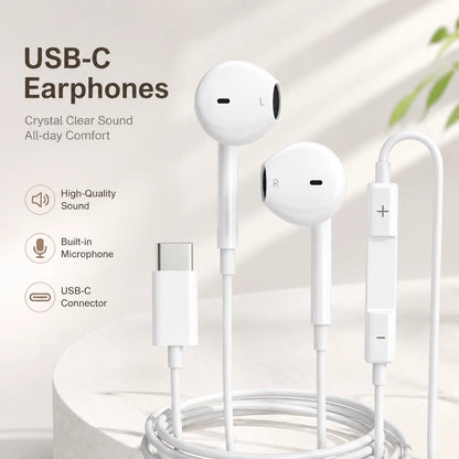 Wired Earphones, Portable Wired Earplugs with Microphone and Volume Control, Universal In-ear Headphones for Type C Devices