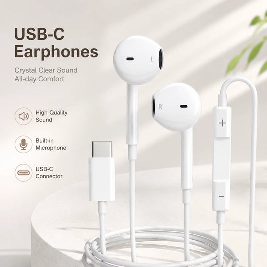 Wired Earphones, Portable Wired Earplugs with Microphone and Volume Control, Universal In-ear Headphones for Type C Devices