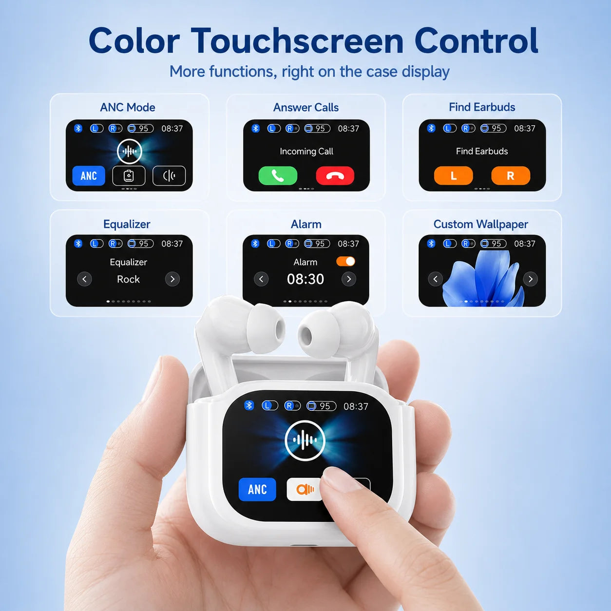 Smart ANC Touchscreen Earbuds – Bluetooth 5.4 & HD Calls - With Colour